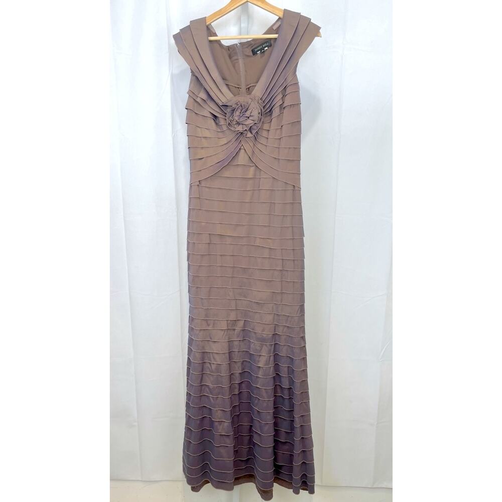 TADASHI SHOJI Tiered Rosette Maxi Dress V Neck Sleeveless Shimmer Brown Size 12 - Picture 1 of 7
